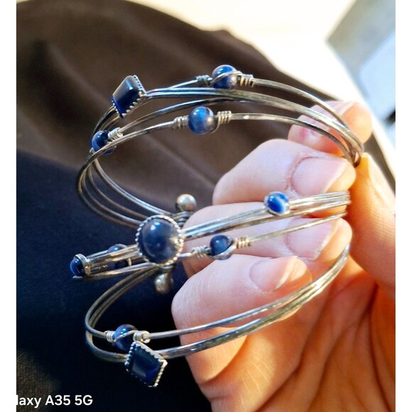 Adjustable Silver Wire Cuff Bracelet With Blue Beads & Square Accents - Picture 4 of 6